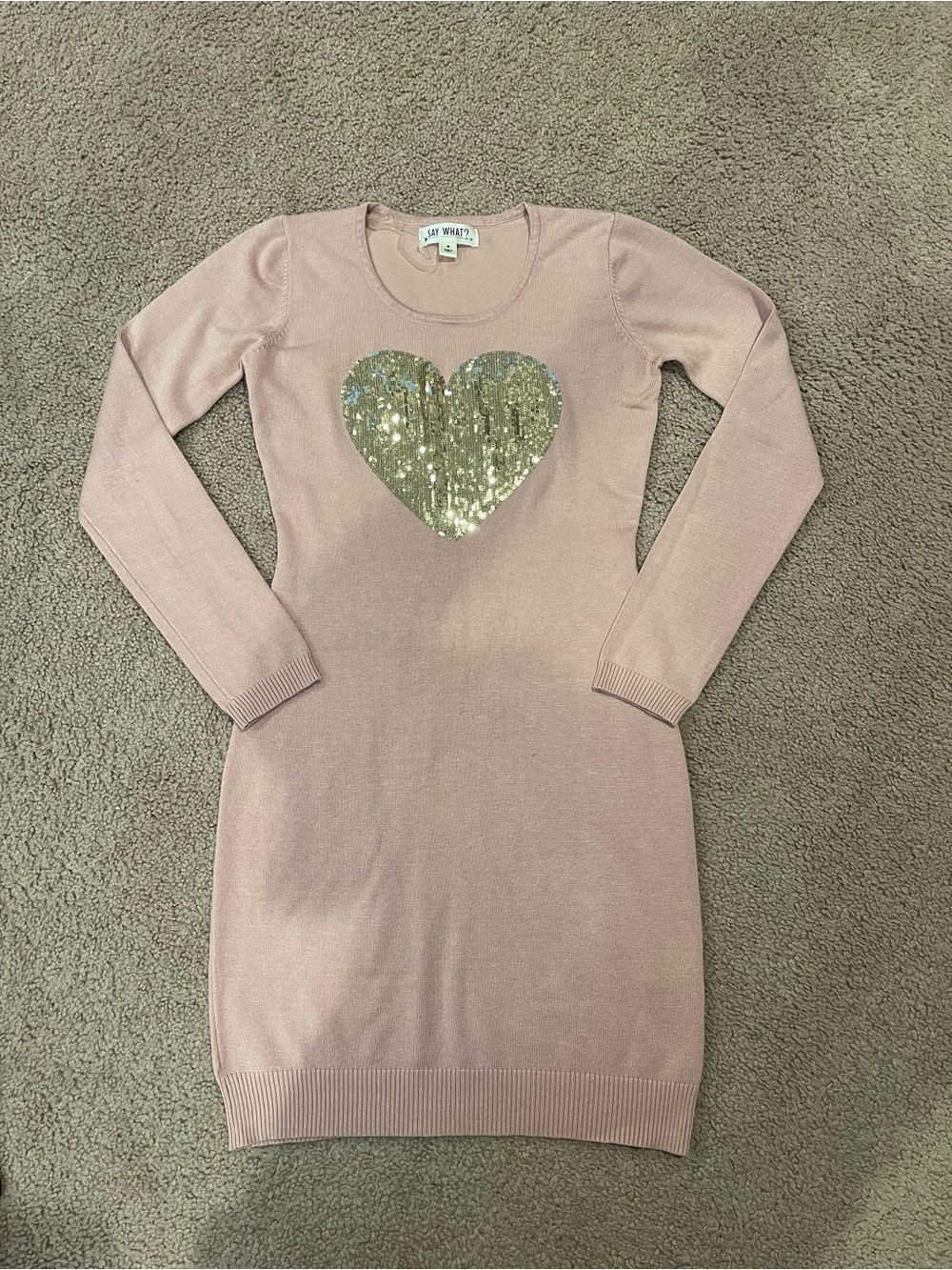 Say What? Retro Fitted Ribbed Knit Heart Sequin Sweater Dress Medium